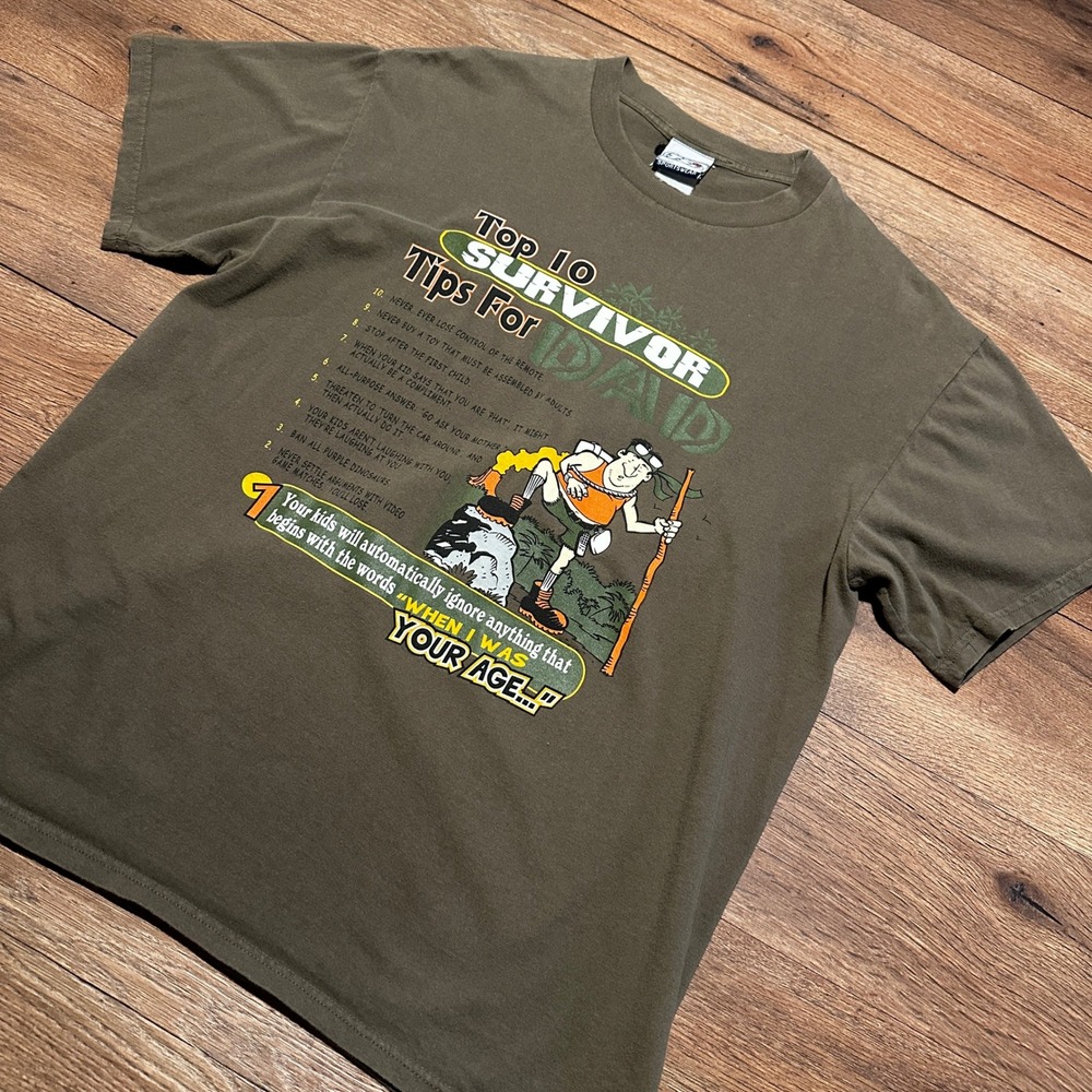 Vintage TSI Sportswear Olive Top 10 Survivor Tips For Dad T-Shirt Mens XL